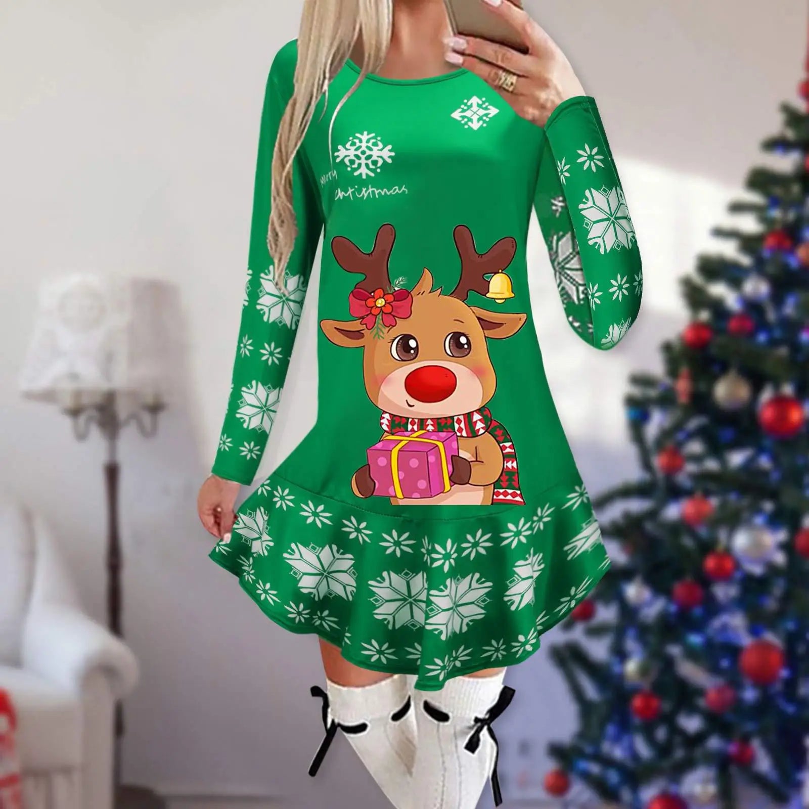Christmas Snowflake Elk Vintage Party Dress Ruffles Elegant Long Sleeve Casual Print Winter Sweater Party Female O Neck Vestidos