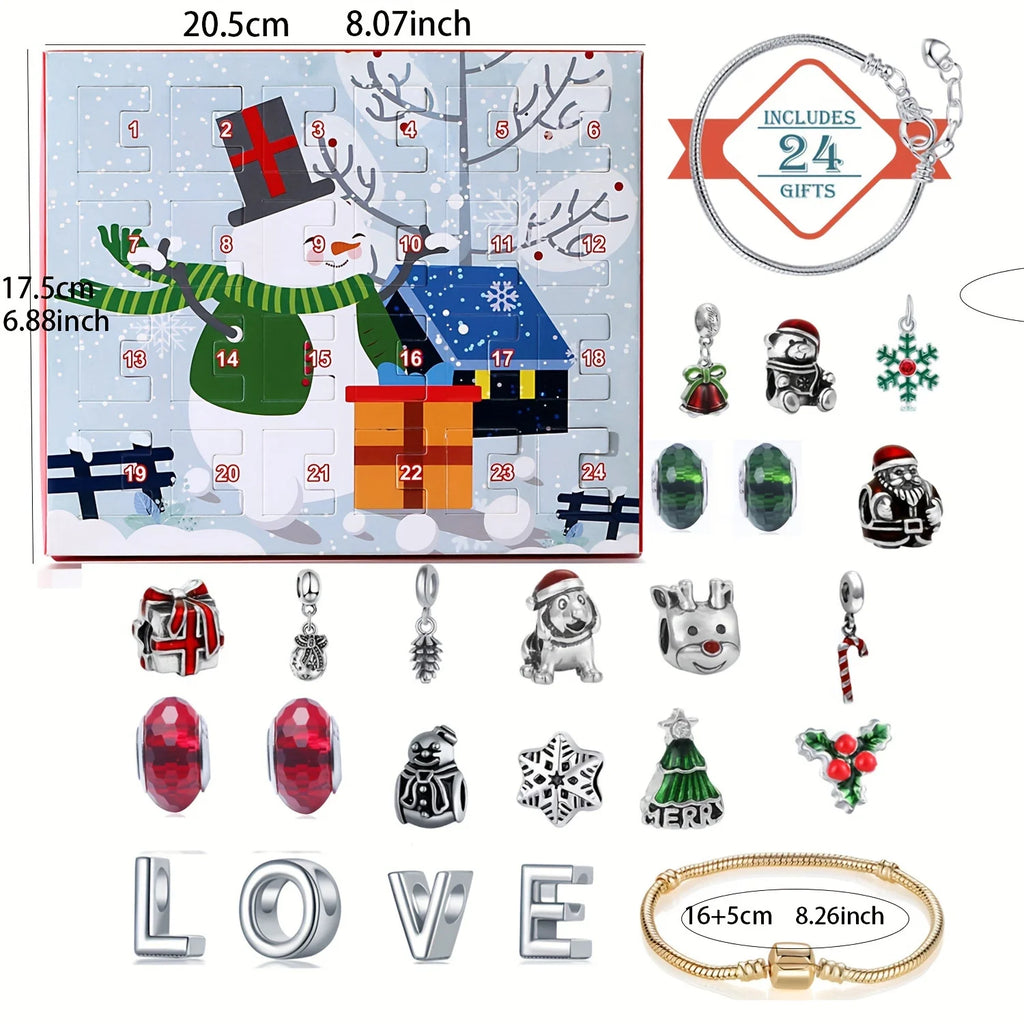 Snowman Christmas Advent Calendar Bracelet Set 24 Days Christmas Countdown Calendar