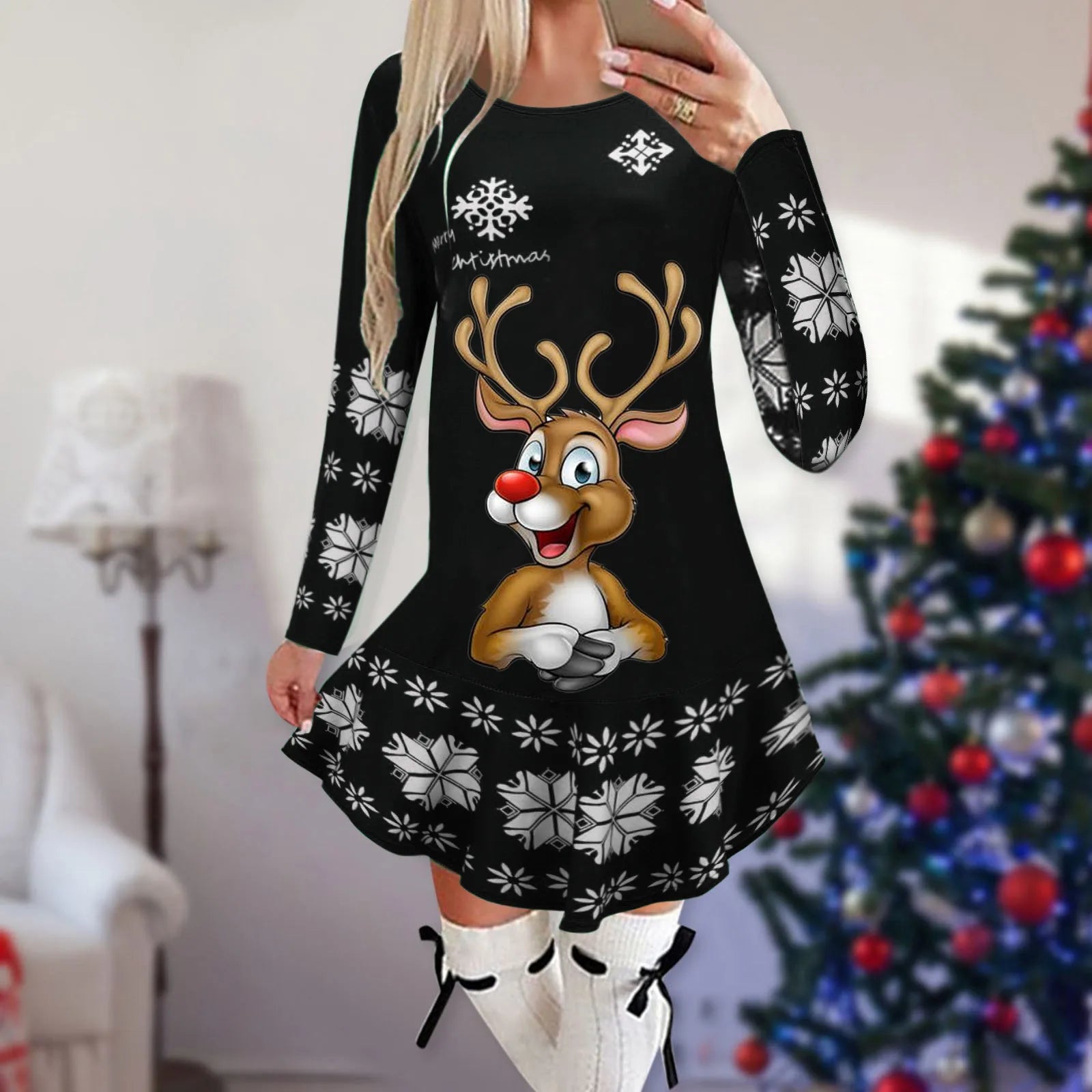 Christmas Snowflake Elk Vintage Party Dress Ruffles Elegant Long Sleeve Casual Print Winter Sweater Party Female O Neck Vestidos