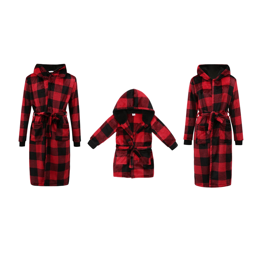 Family Matching Christmas Parent-child Nightwear Red Plaid Printed Pattern Long Sleeve Thick Hooded Nightgown with Belt