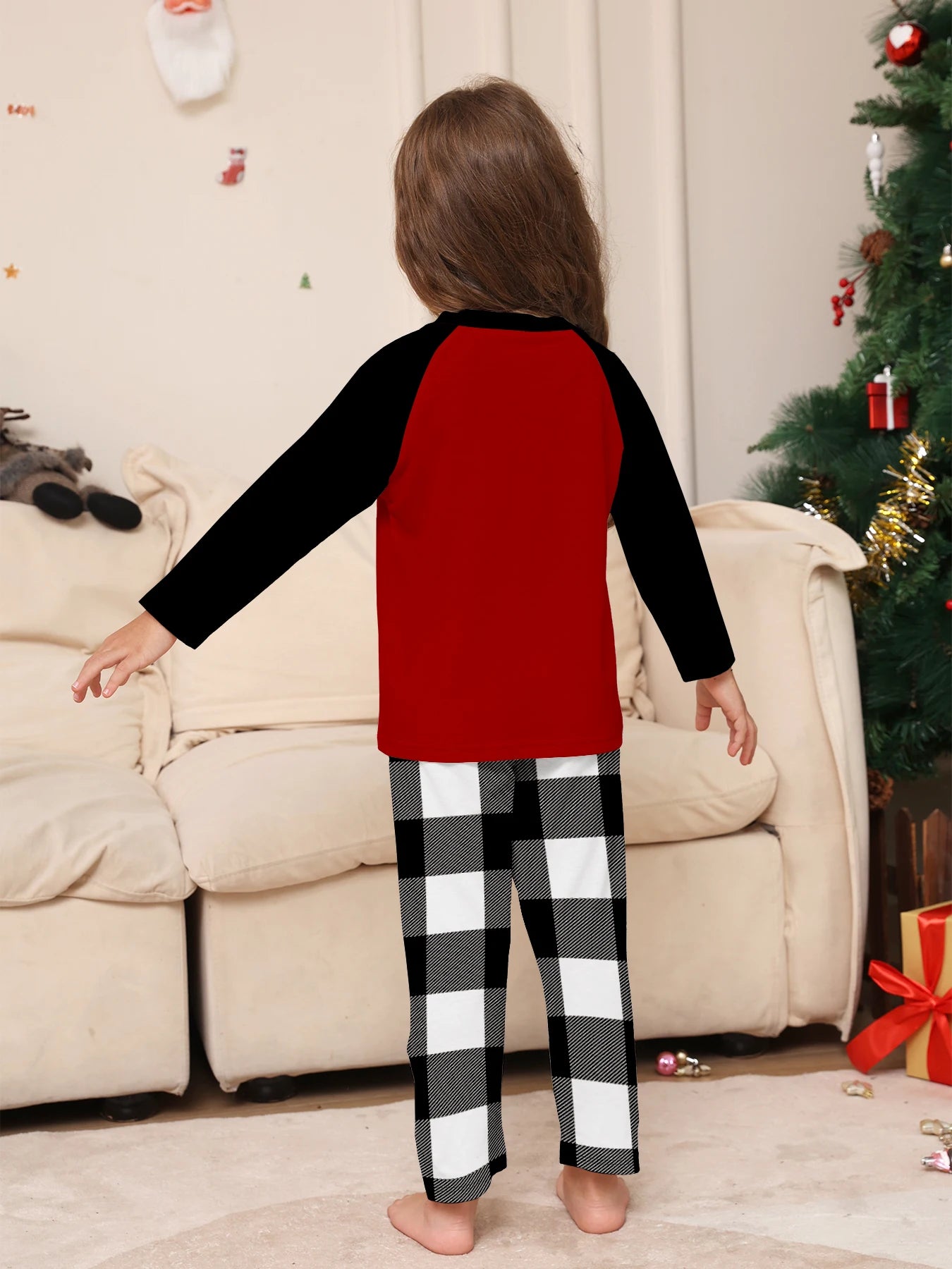 Christmas Family Matching Pajamas Set "MERRY CHRISTMAS" Raglan Sleeve Red Black Top Black White Plaid Sleepwear