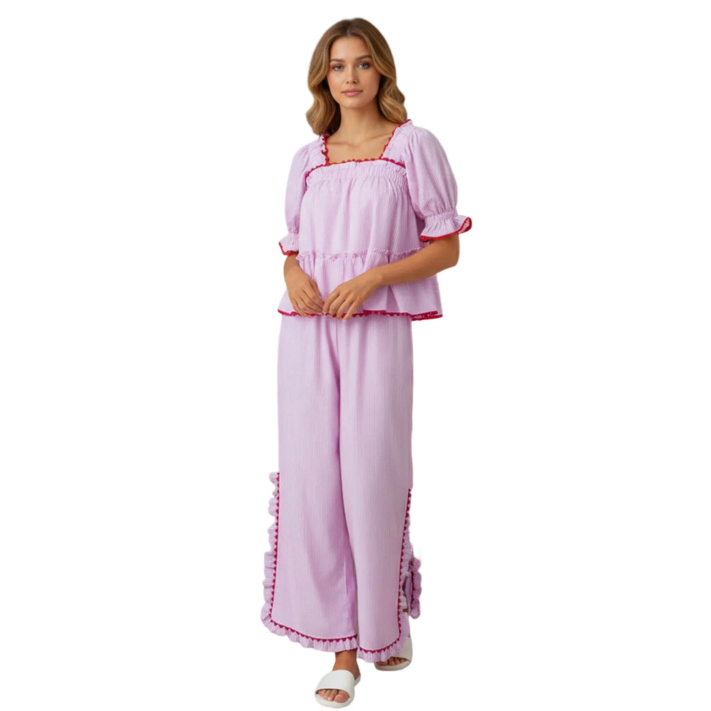 2026 New Years Spring Stripes/Plaid Short Sleeve Square Neck T-shirt with Pants Sleepwear Loungewear Xmas Women Pajama Set