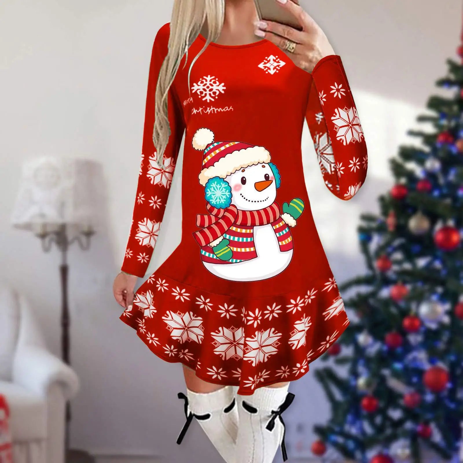 Christmas Snowflake Elk Vintage Party Dress Ruffles Elegant Long Sleeve Casual Print Winter Sweater Party Female O Neck Vestidos