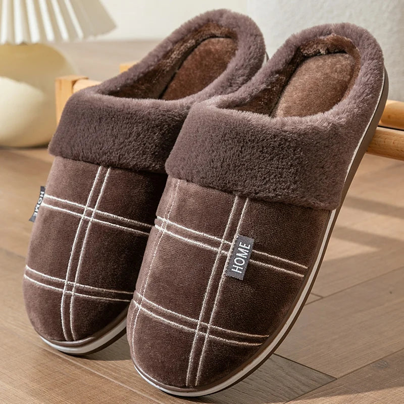 Warm Furry Winter Mens Slippers Indoor Soft Plush Memory Foam Plaid House Shoes Non-slip Fluffy Bedroom Slippers for Men