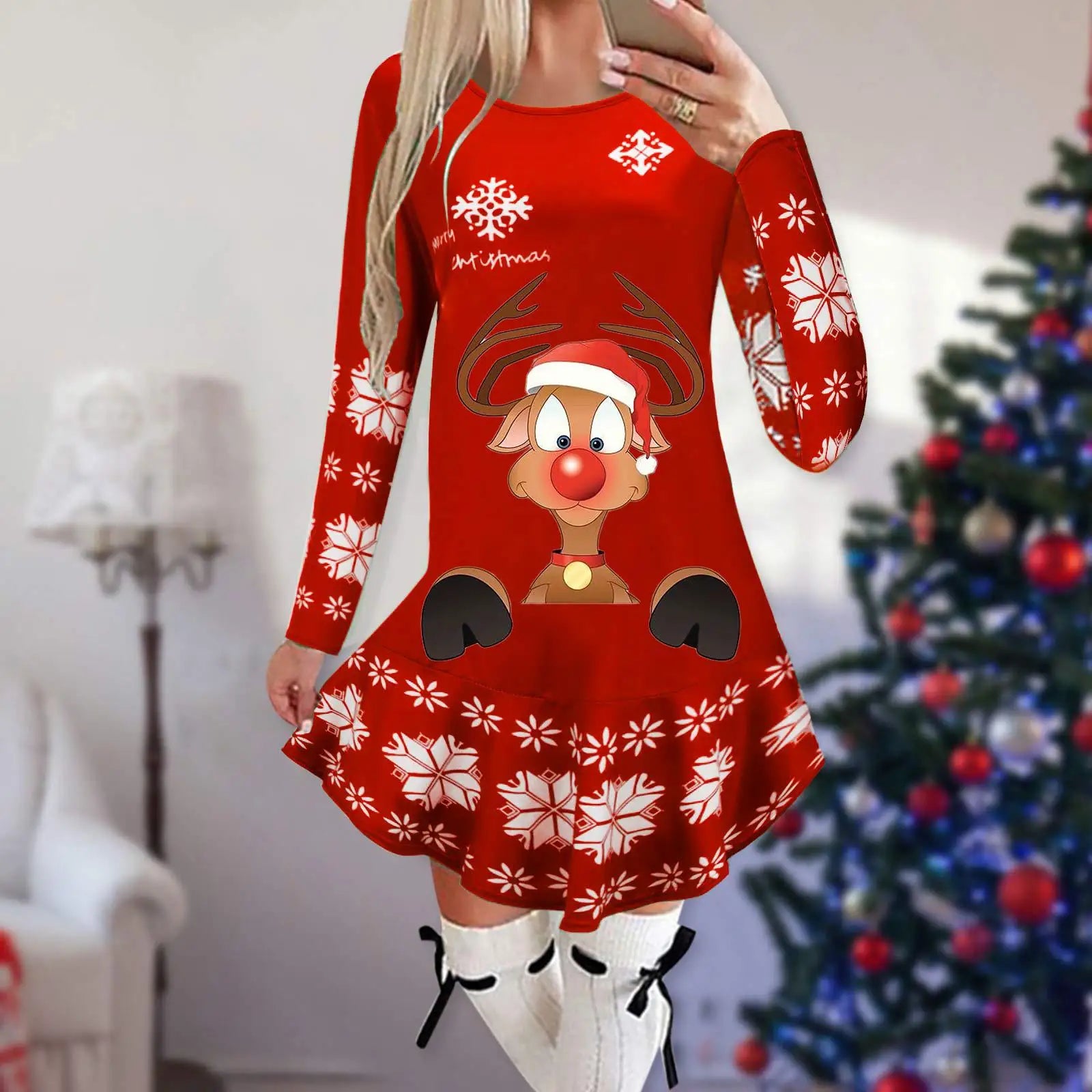 Christmas Snowflake Elk Vintage Party Dress Ruffles Elegant Long Sleeve Casual Print Winter Sweater Party Female O Neck Vestidos