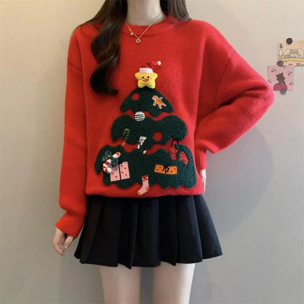 Large Size Women's Winter Style New Year Red Sweater Three-dimensional Christmas Tree Jacquard to Keep Warm