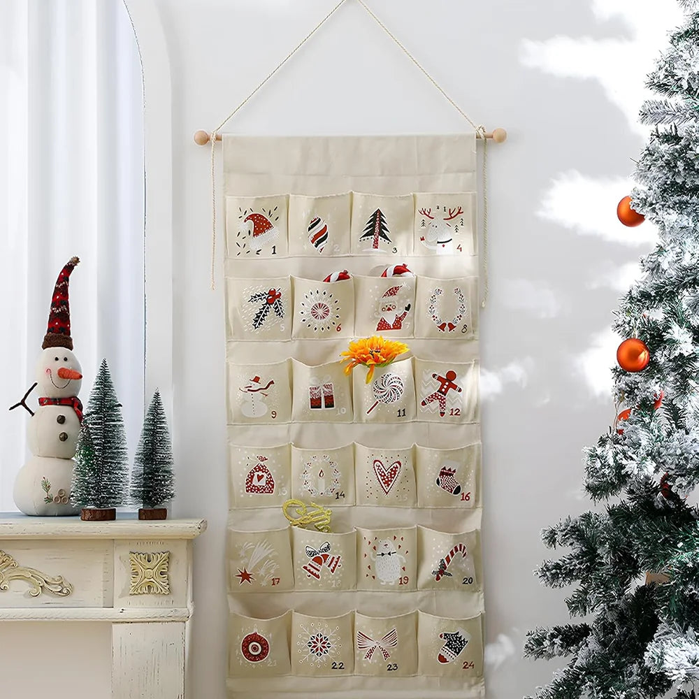 Christmas Advent Calendar Reusable 24 Days Pockets Countdown Advent Calendar Hanging Storage Bag Xmas Holiday Home Wall Decor