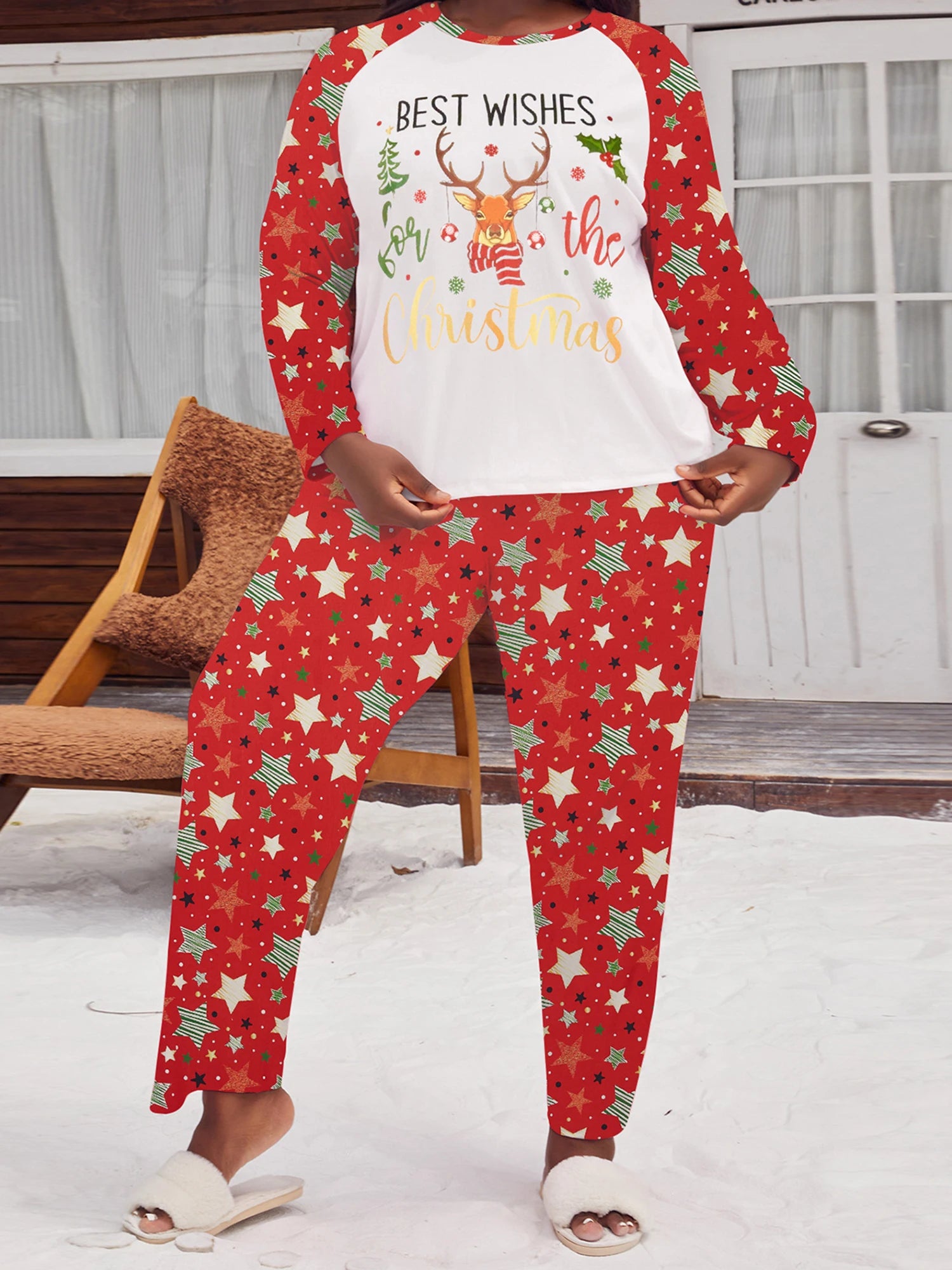 Women s Plus Size Christmas Pajama Set with Snowflake Print Long Sleeve Top and Matching Pants for Festive Sleepwear Outfit