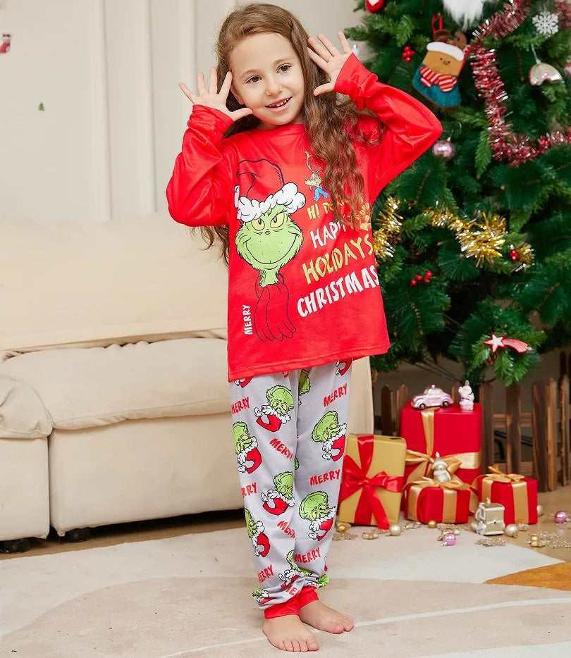 2025 Xmas Family Matching Pajamas GREENCH Happy Holiday Letter Print Adult Kid Baby Family Matching Outfit Christmas Family Pj's
