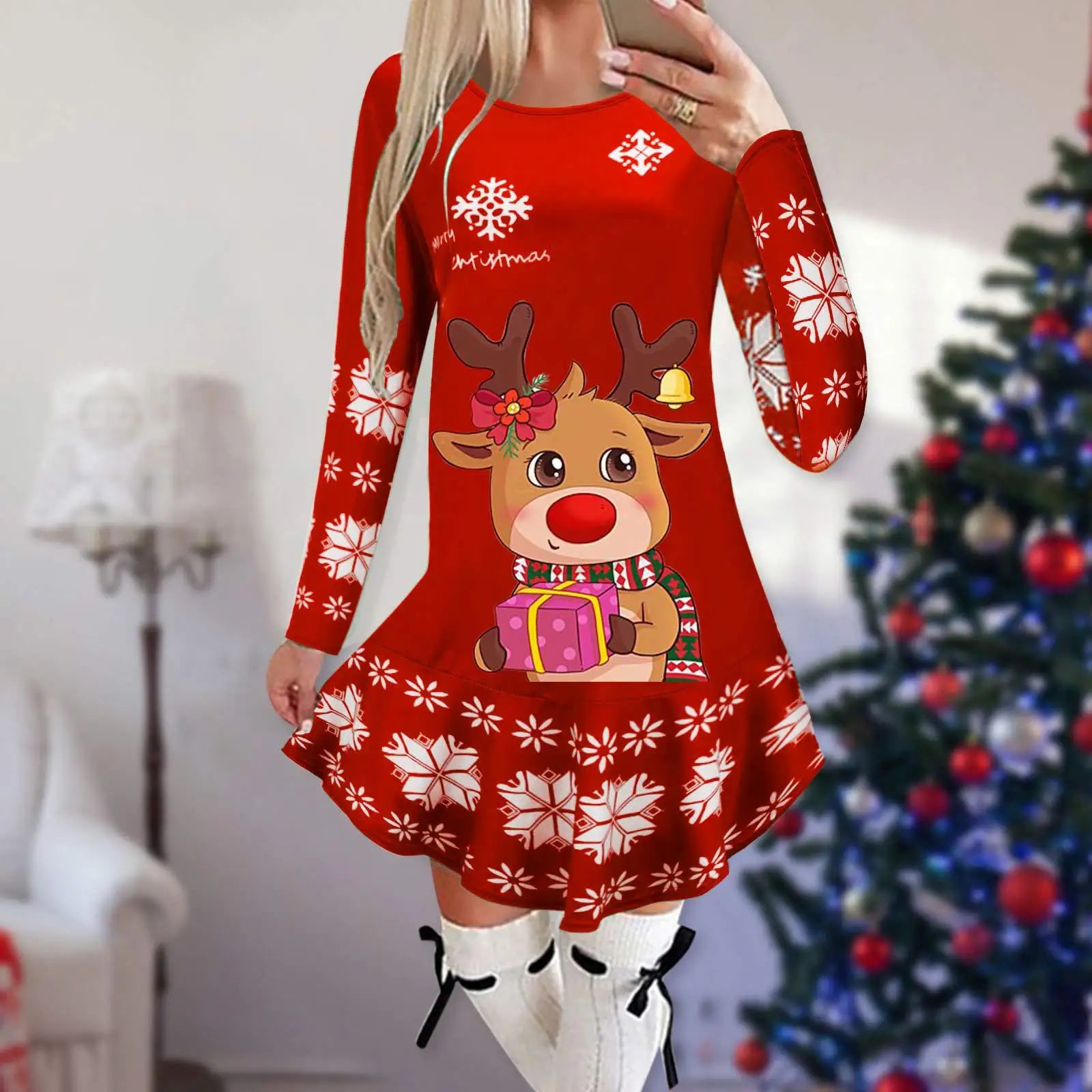 Christmas Snowflake Elk Vintage Party Dress Ruffles Elegant Long Sleeve Casual Print Winter Sweater Party Female O Neck Vestidos