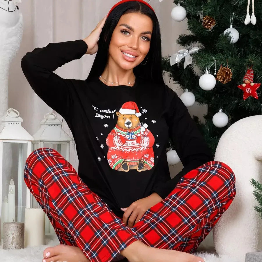 Christmas New Year Plaid Print Pajamas Long Sleeve Black Top Plaid Pants Casual Set Home Wear Autumn Sleepwear for Women