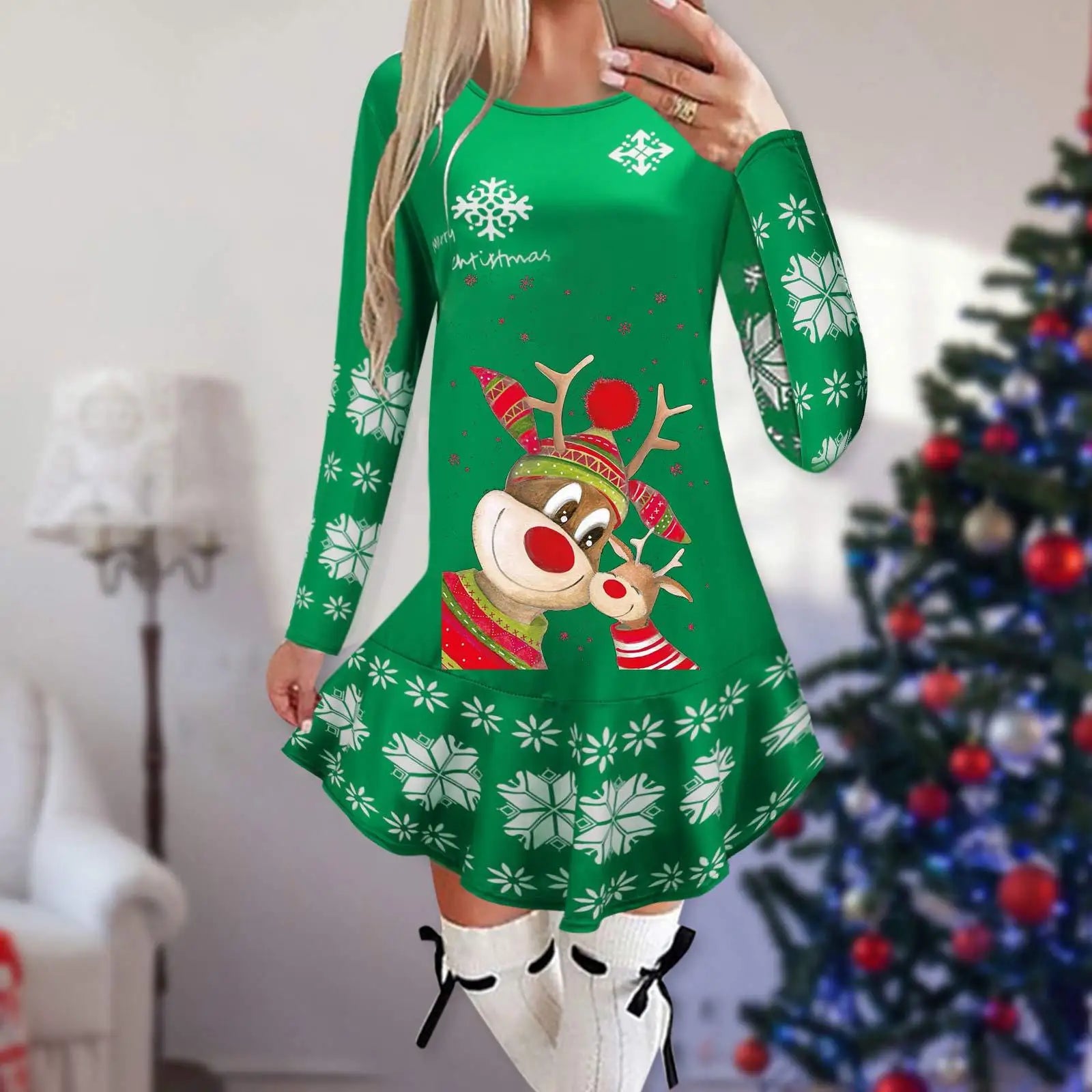 Christmas Snowflake Elk Vintage Party Dress Ruffles Elegant Long Sleeve Casual Print Winter Sweater Party Female O Neck Vestidos