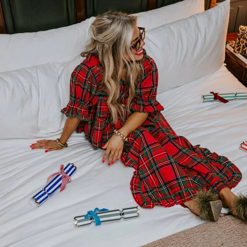 Women Christmas Plaid Loungwear Set Y2K Puff Sleeve Babydoll Tops Ruffle Split Wide Leg Pants Xmas Gingham Pajamas