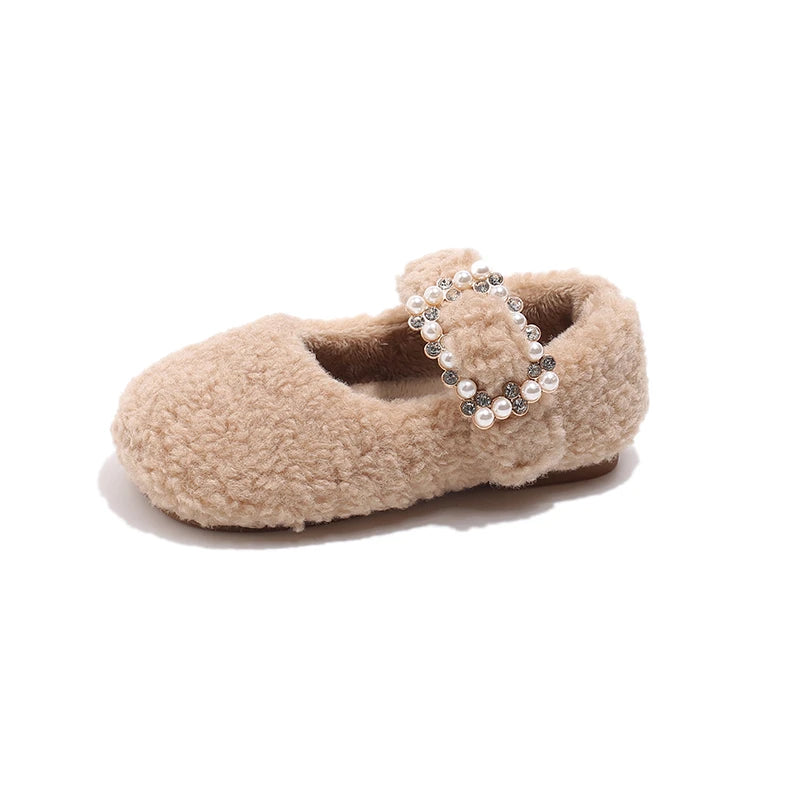 New Winter Children's Shoes Thickened Warm Girls Cotton Shoes Luxury Rhinestone Buckle Kids Fashion Princess Causal Plush Shoes