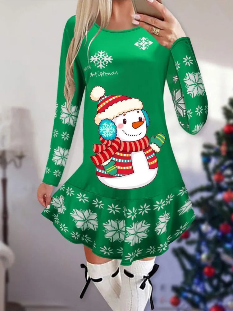 Christmas Snowflake Elk Vintage Party Dress Ruffles Elegant Long Sleeve Casual Print Winter Sweater Party Female O Neck Vestidos