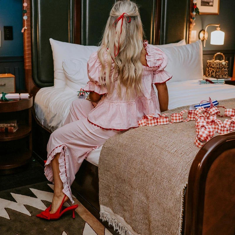 Women Christmas Plaid Loungwear Set Y2K Puff Sleeve Babydoll Tops Ruffle Split Wide Leg Pants Xmas Gingham Pajamas