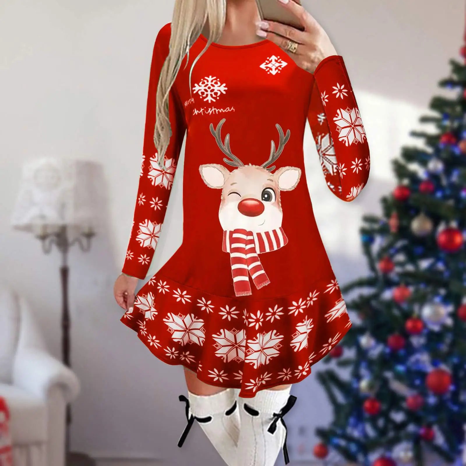 Christmas Snowflake Elk Vintage Party Dress Ruffles Elegant Long Sleeve Casual Print Winter Sweater Party Female O Neck Vestidos