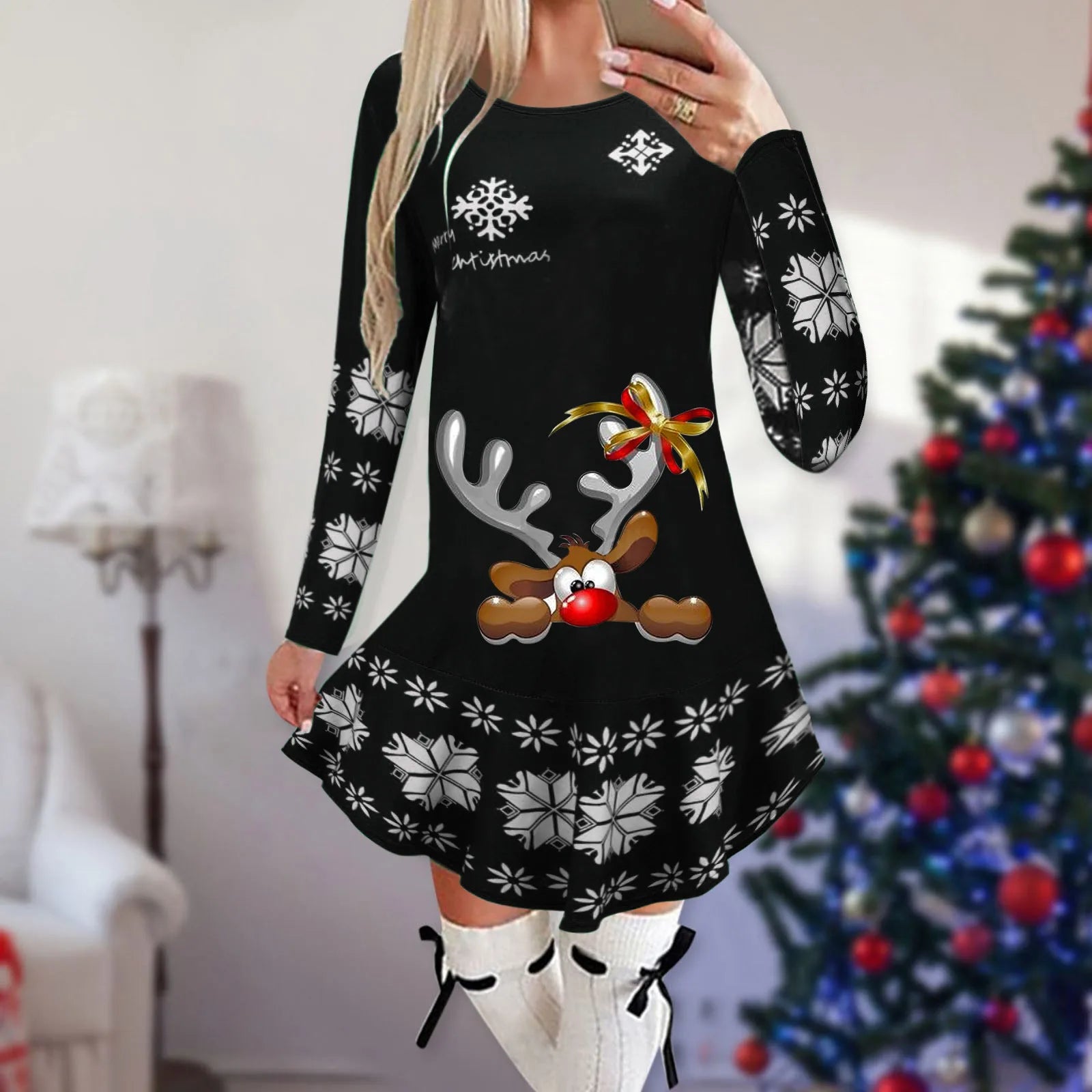 Christmas Snowflake Elk Vintage Party Dress Ruffles Elegant Long Sleeve Casual Print Winter Sweater Party Female O Neck Vestidos