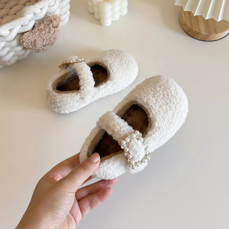 New Winter Children's Shoes Thickened Warm Girls Cotton Shoes Luxury Rhinestone Buckle Kids Fashion Princess Causal Plush Shoes