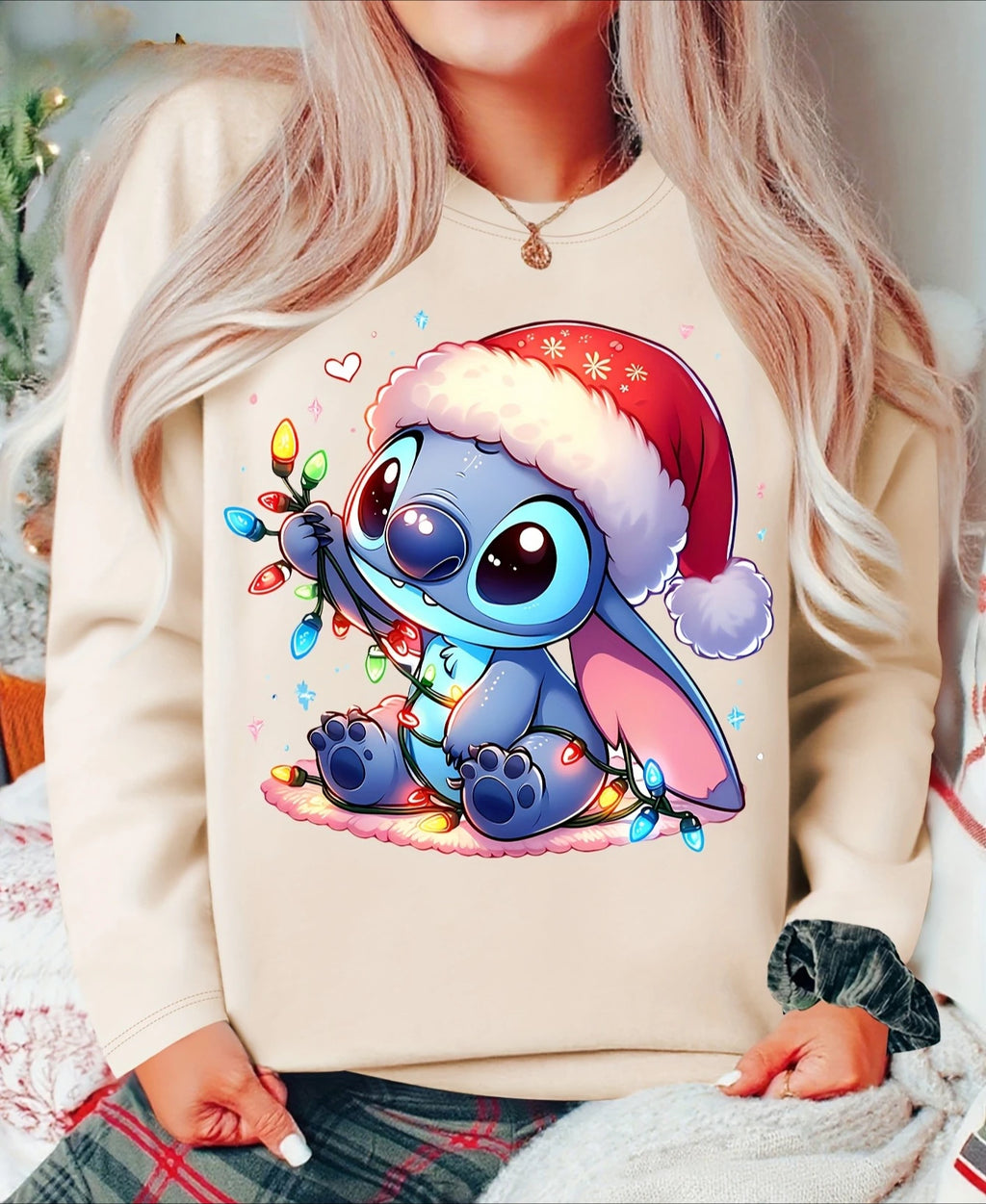 Women's Stitch Christmas Sweater Santa Hat & Lights Graphic Sweatshirts Festive Stitch Kawaii Cartoon Sweatshirt Woman Clothing