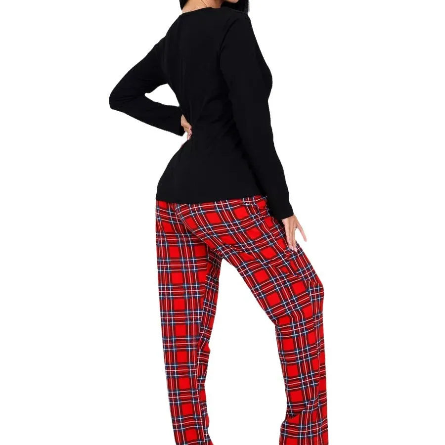 Christmas New Year Plaid Print Pajamas Long Sleeve Black Top Plaid Pants Casual Set Home Wear Autumn Sleepwear for Women