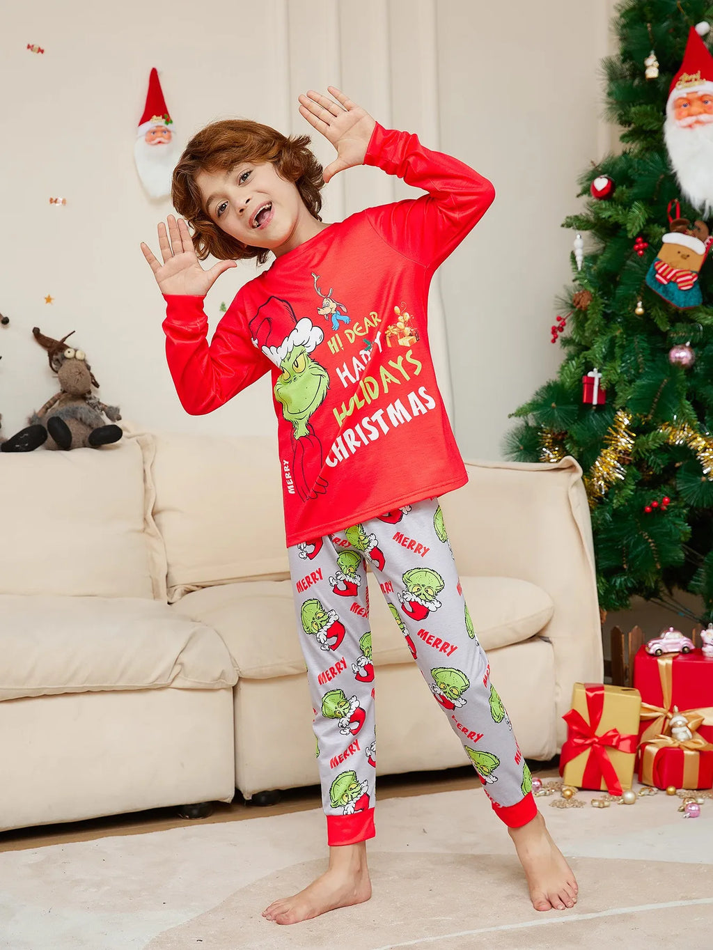 2025 Xmas Family Matching Pajamas GREENCH Happy Holiday Letter Print Adult Kid Baby Family Matching Outfit Christmas Family Pj's