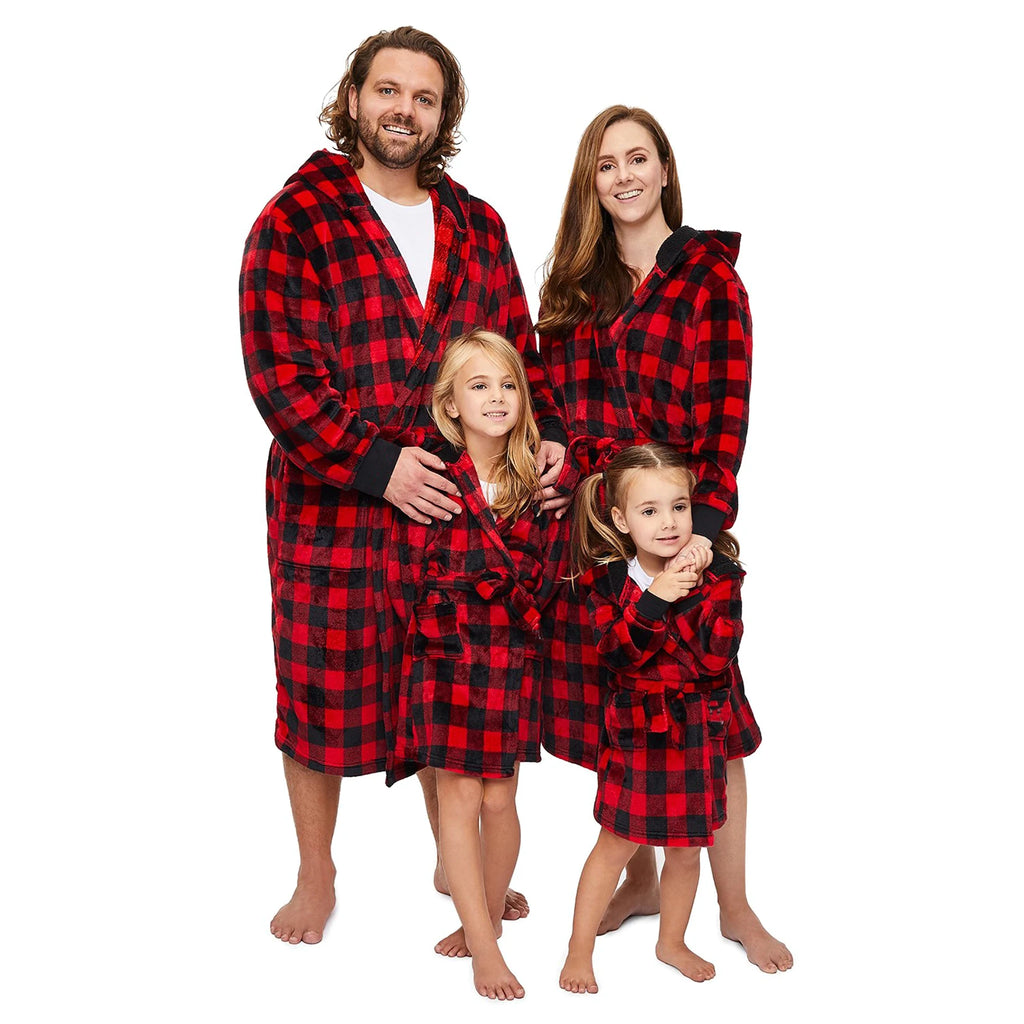 Family Matching Christmas Parent-child Nightwear Red Plaid Printed Pattern Long Sleeve Thick Hooded Nightgown with Belt