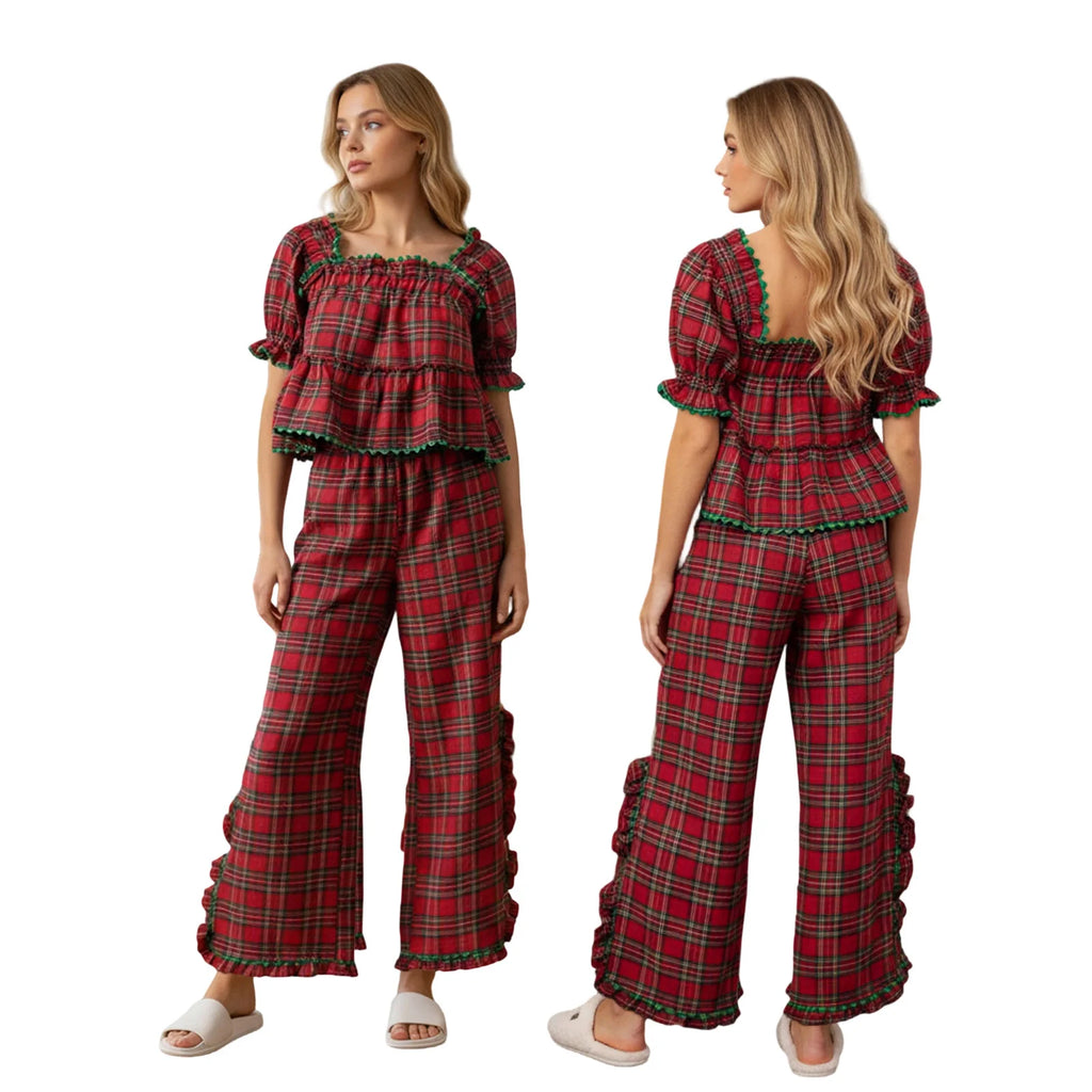 2026 New Years Spring Stripes/Plaid Short Sleeve Square Neck T-shirt with Pants Sleepwear Loungewear Xmas Women Pajama Set