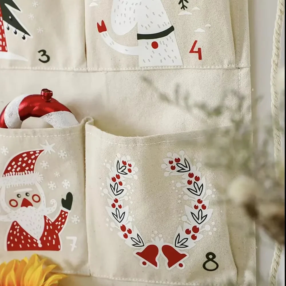 Christmas Advent Calendar Reusable 24 Days Pockets Countdown Advent Calendar Hanging Storage Bag Xmas Holiday Home Wall Decor
